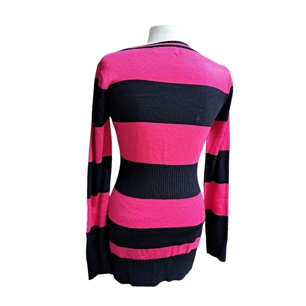 Coogi Cardigan Sweater Women L Pink Black Striped Vintage Retro 90s Letterman - Picture 4 of 9